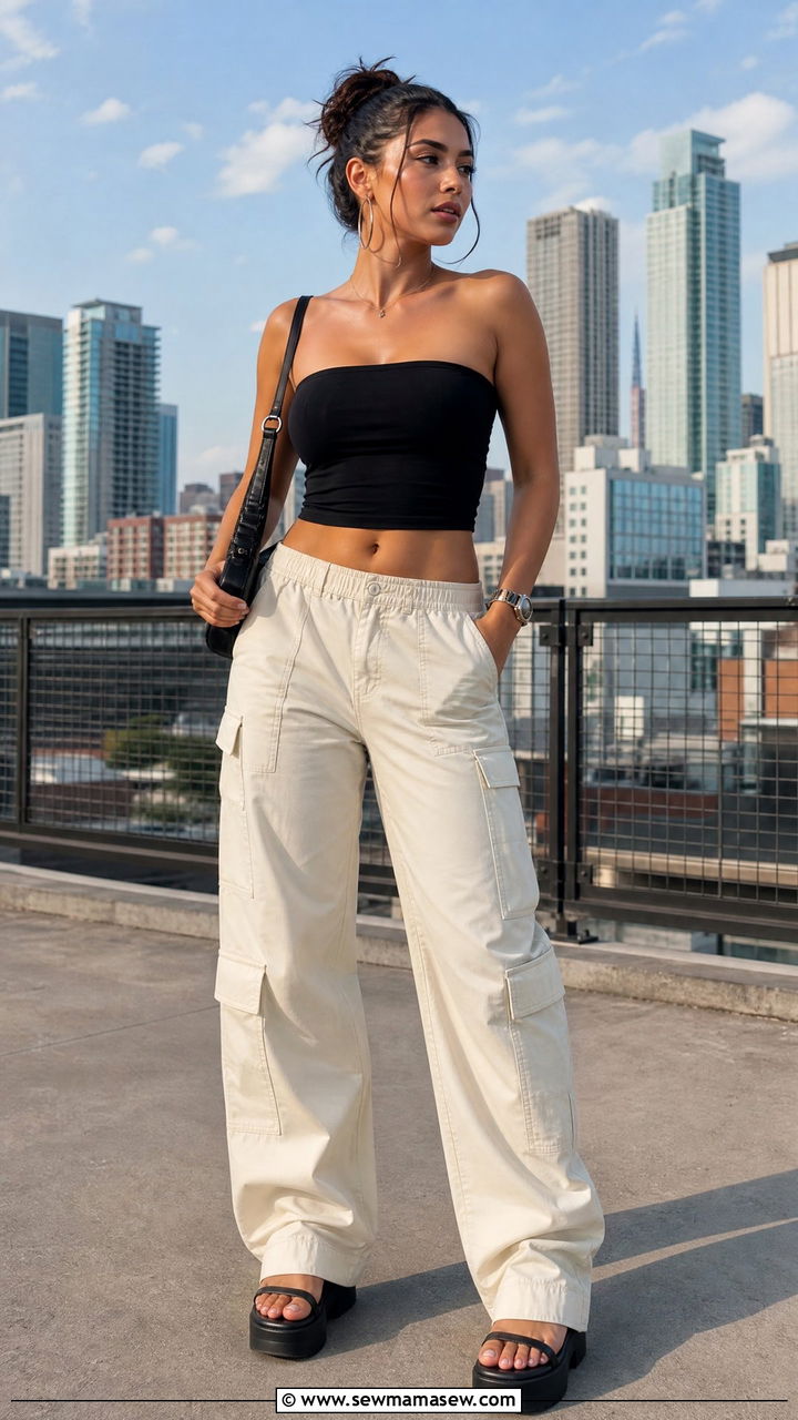 Cargo Pants With Tube Top and Platform Sandals - 30 cute cargo pants outfits
