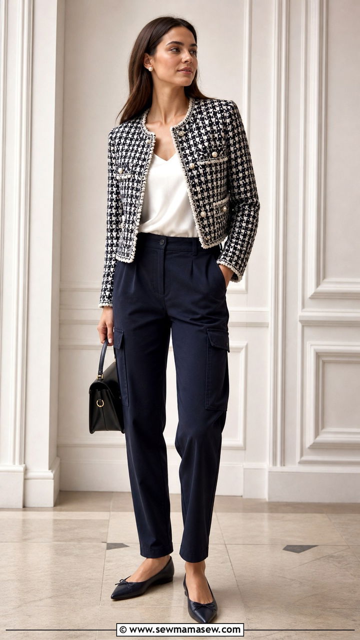 Cargo Pants With Tweed Jacket and Pointed Flats - 40 cargo pants outfit ideas