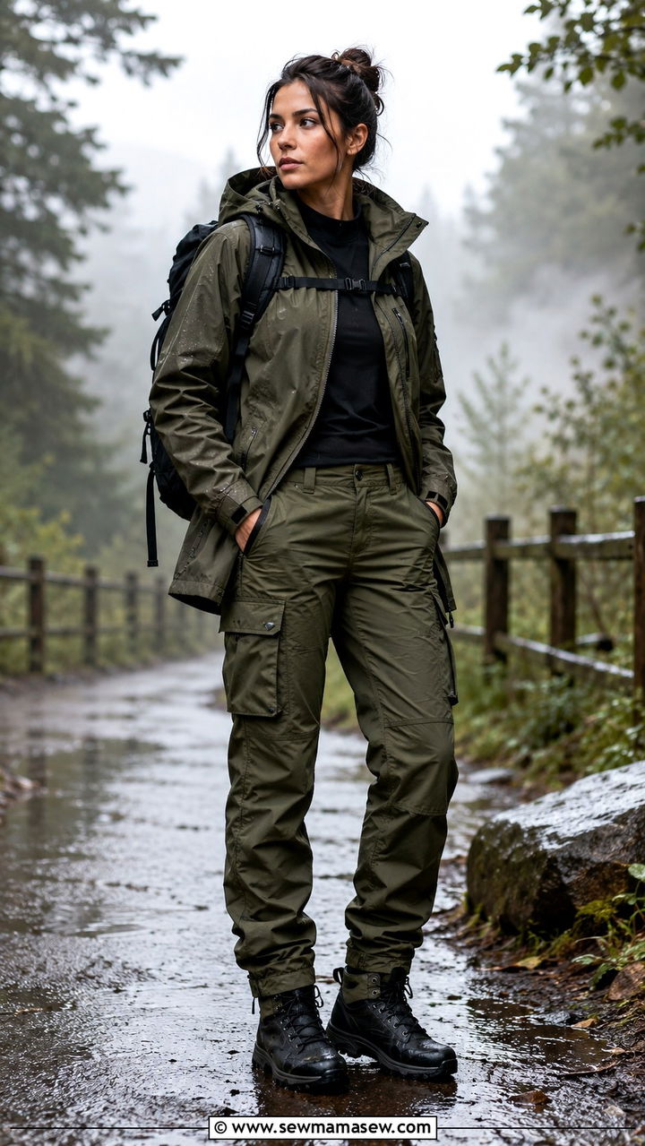 Cargo Pants With Waterproof Utility Jacket - 25 rainy day outfits trends