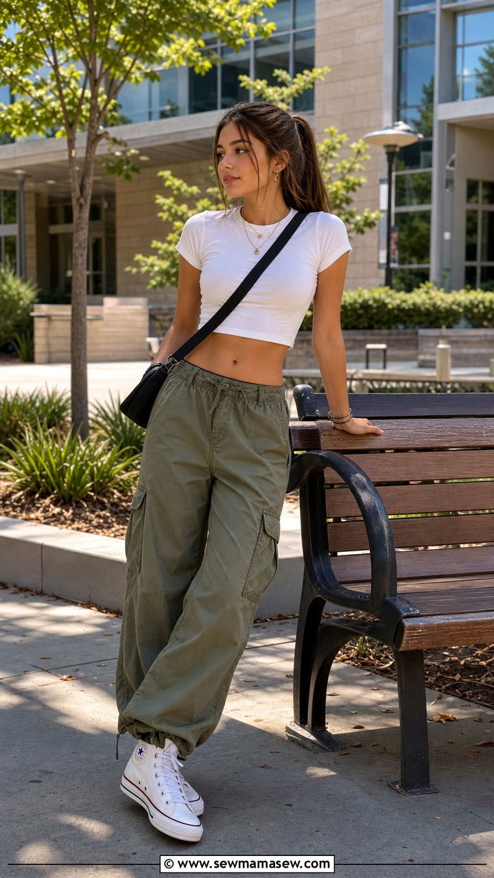 Cargo Pants and Cropped Baby Tee Outfit - 35 Back to school outfit ideas college freshman