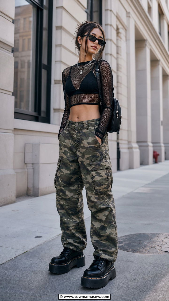 Cargo Pants and Cropped Mesh Top Outfit - 30 Edgy summer outfits
