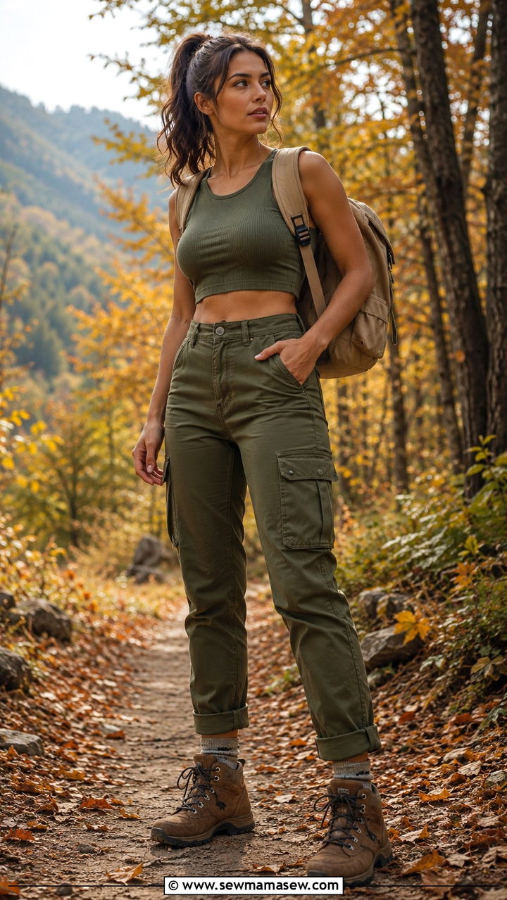 Cargo Pants and Cropped Tank Top - 30 hiking outfit ideas for women