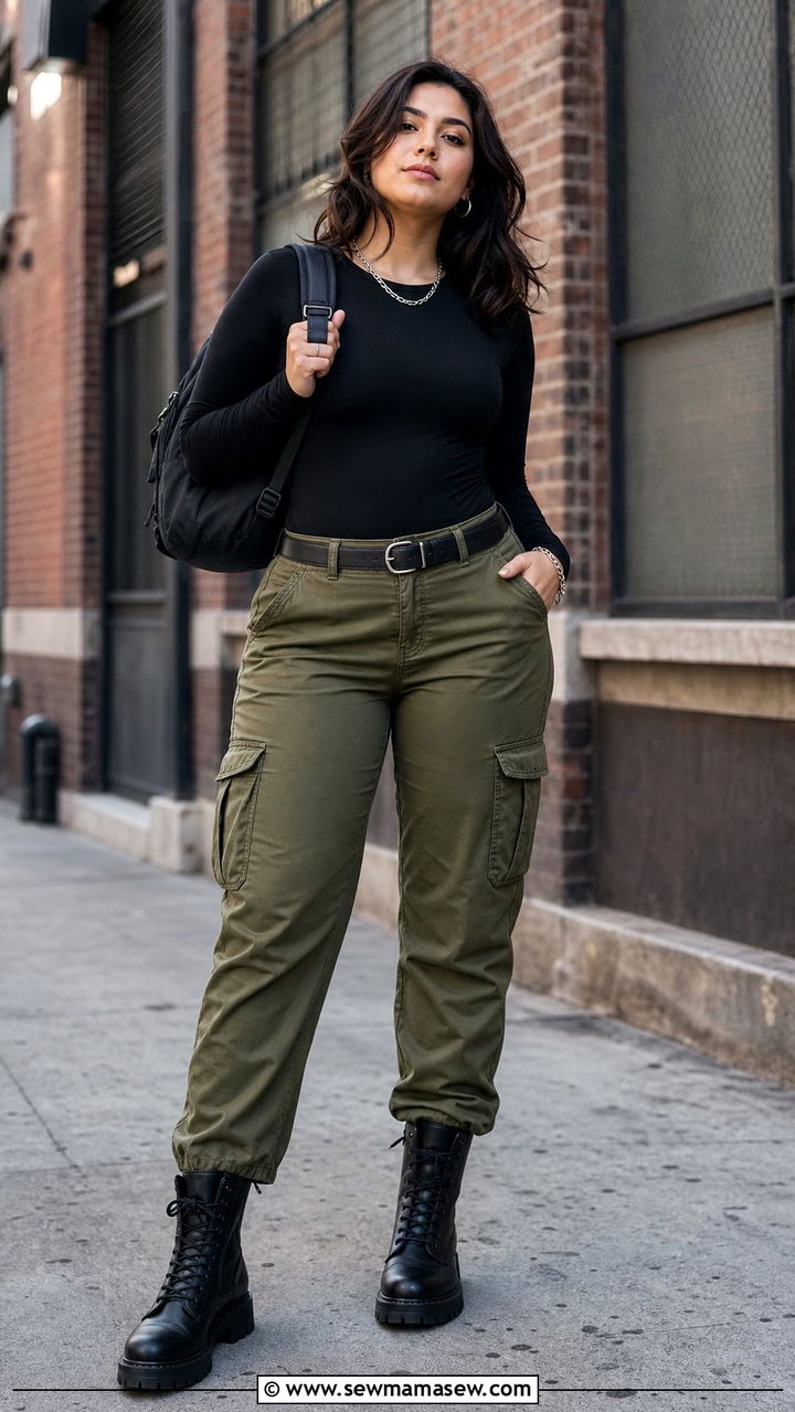 Cargo Pants and Fitted Bodysuit Outfit - 25 Cute outfits for midsize women