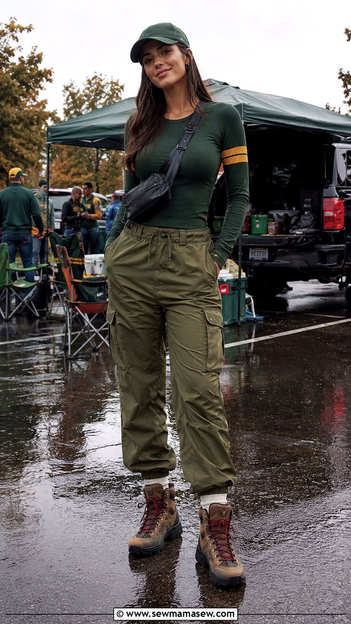 Cargo Pants and Fitted Long Sleeve Tee - 30 Tailgate outfit ideas college