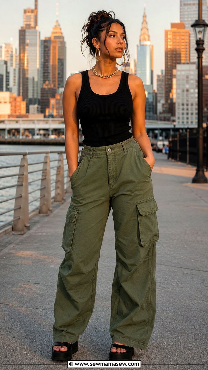 Cargo Pants and Tank Top Gold Jewelry - 30 Gold jewelry outfit ideas