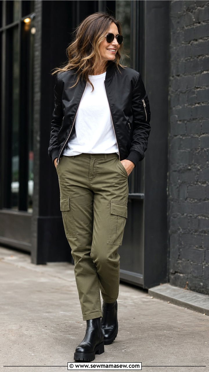 Cargo Pants with Bomber Jacket Outfit - 25 edgy outfit ideas for women over 40