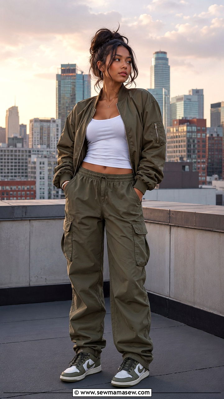 Cargo Pants with Bomber Jacket and Retro Sneakers - 30 Cargo pants outfit ideas with sneakers