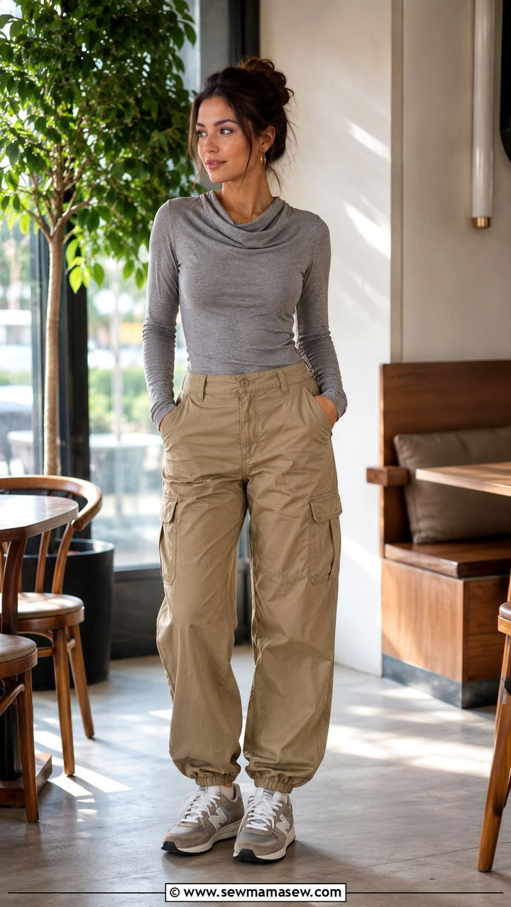 Cargo Pants with Cowl Neck Top and Retro Sneakers - 30 Cargo pants outfit ideas with sneakers