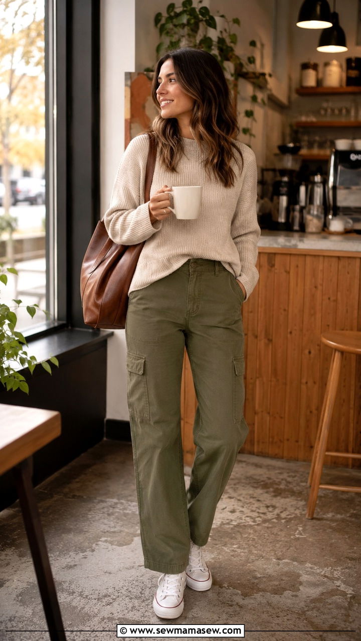 Cargo Pants with Crew Neck Sweater and Canvas Sneakers - 30 Cargo pants outfit ideas with sneakers