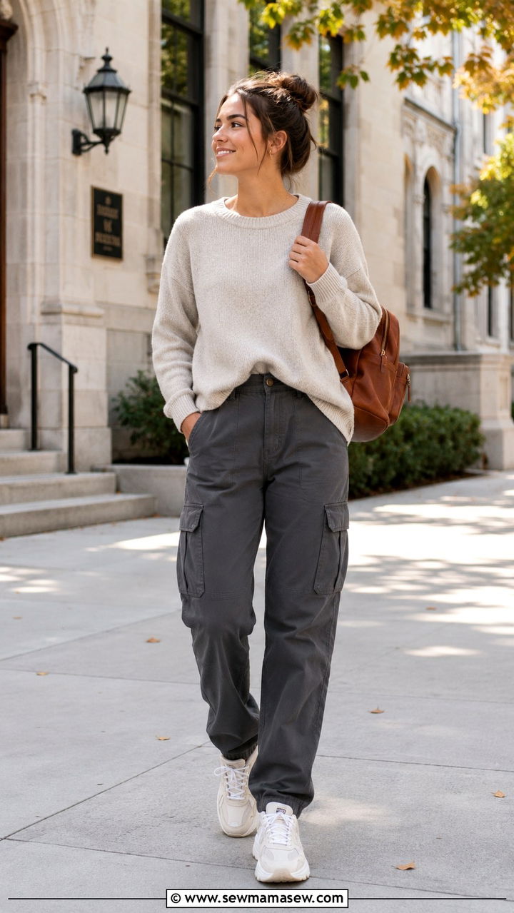 Cargo Pants with Crewneck Sweater and Dad Sneakers - 30 How to style cargo pants
