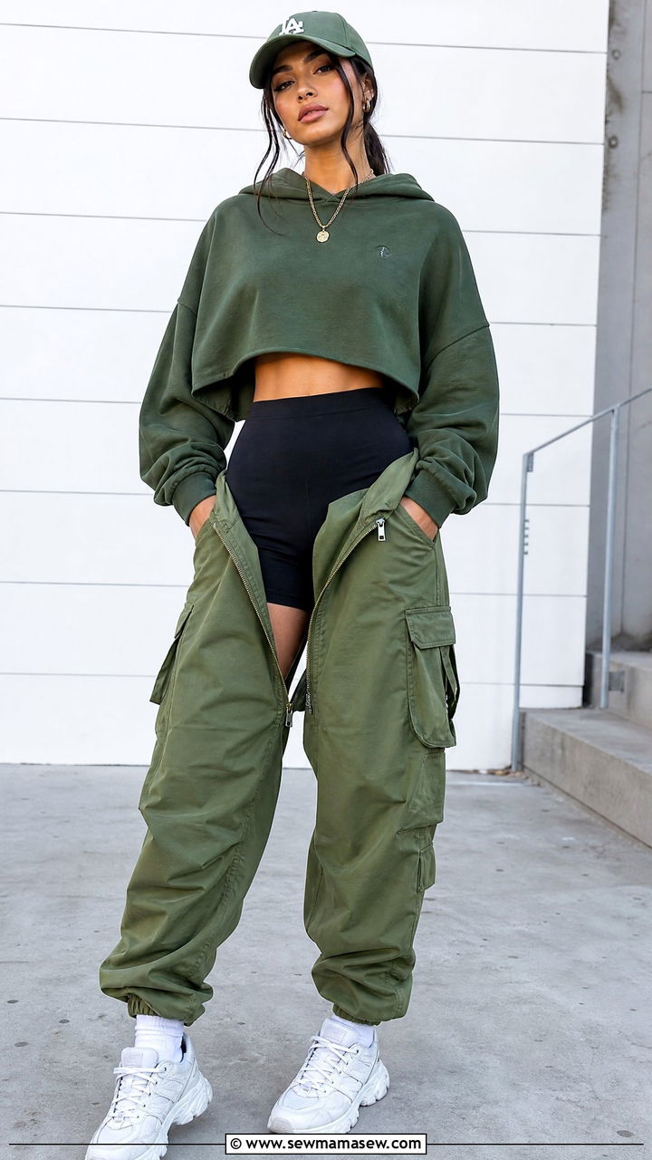 Cargo Pants with Crop Hoodie and Biker Shorts Layering - 30 How to style cargo pants