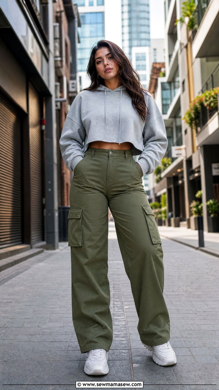 Cargo Pants with Cropped Hoodie for Wide Hips - 25 casual outfits for women with wide hips