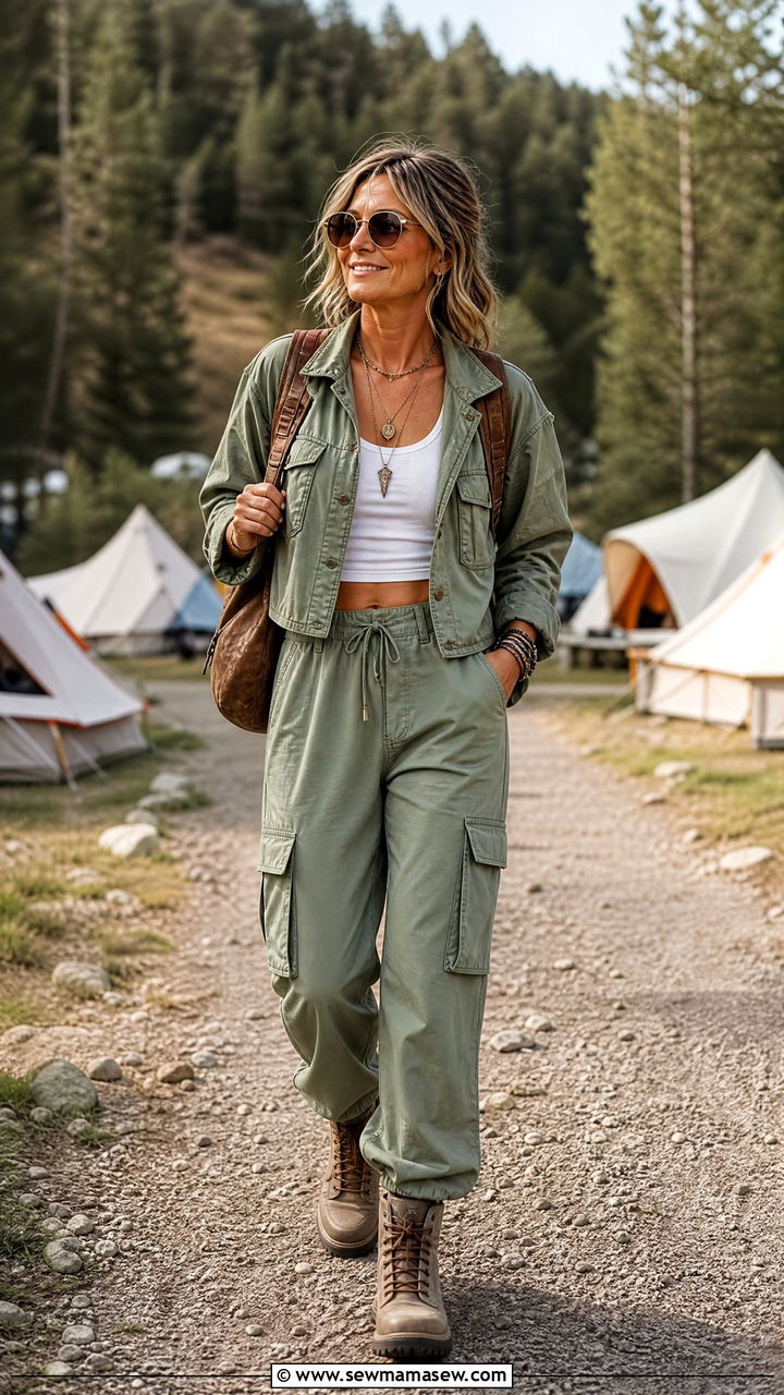 Cargo Pants with Cropped Jacket and Hiking Style Boots Festival Outfit - 30 music festival outfits for women over 40