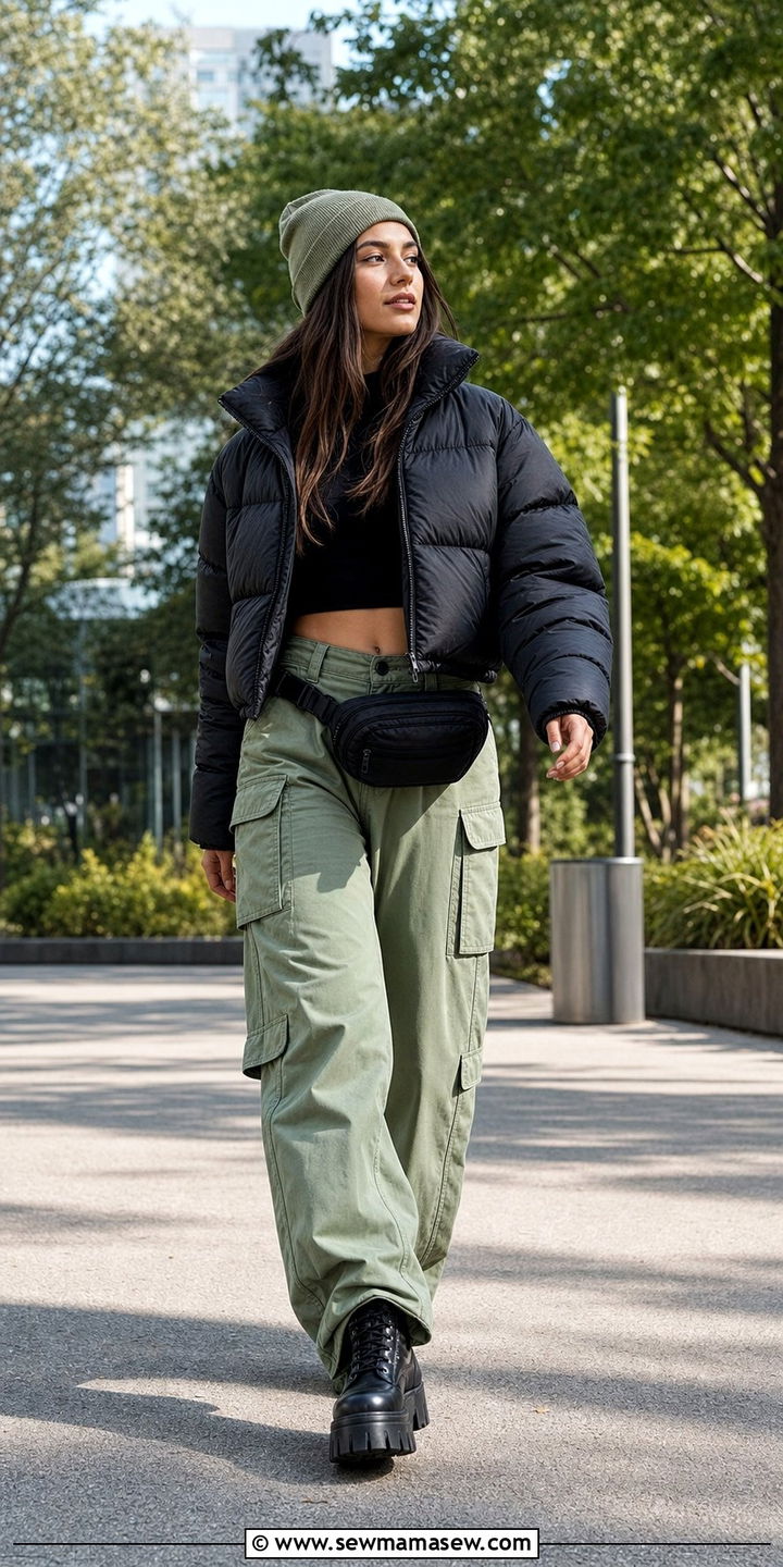 Cargo Pants with Cropped Puffer Jacket and Platform Boots - 25 Drizzle outfit ideas