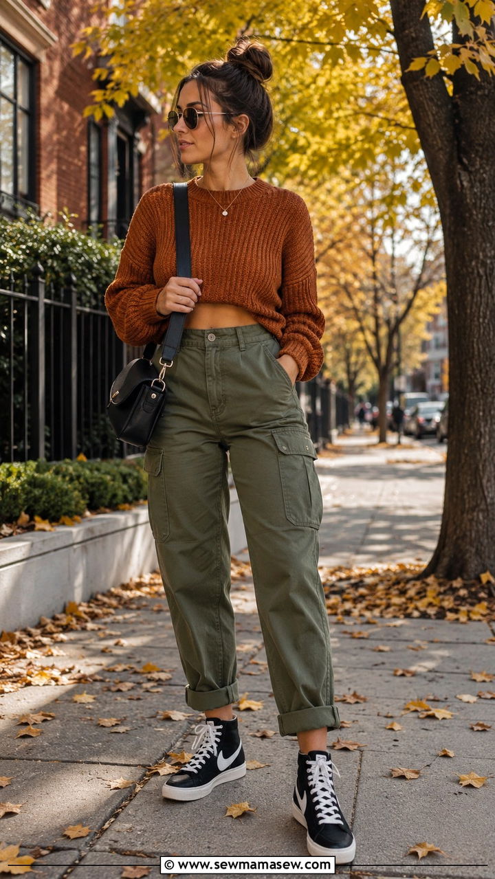 Cargo Pants with Cropped Sweater and High Top Sneakers - 30 Cargo pants outfit ideas with sneakers