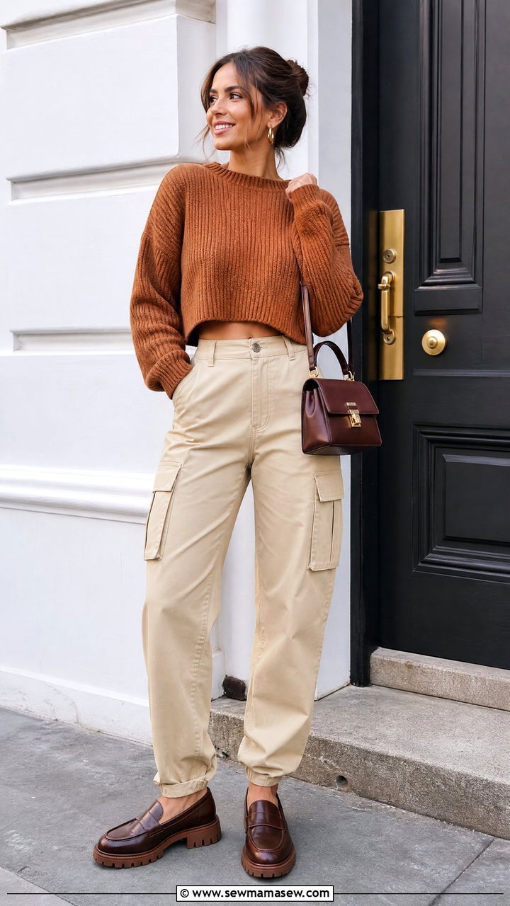 Cargo Pants with Cropped Sweater and Loafers - 30 How to style cargo pants