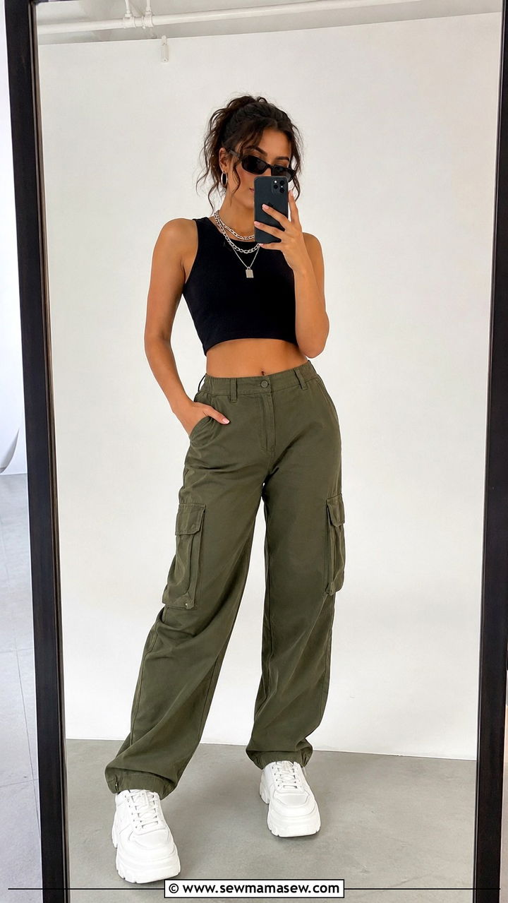 Cargo Pants with Cropped Tank and Chunky Sneakers - 30 Tomboy outfit ideas