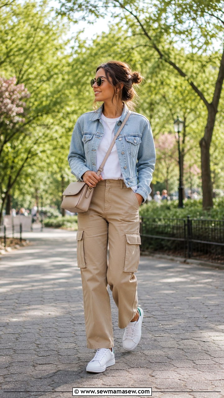 Cargo Pants with Denim Jacket and Low Top Sneakers - 30 Cargo pants outfit ideas with sneakers