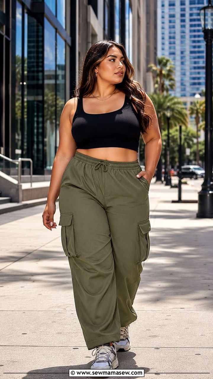 Cargo Pants with Fitted Crop Top - 30 Plus size travel outfit ideas
