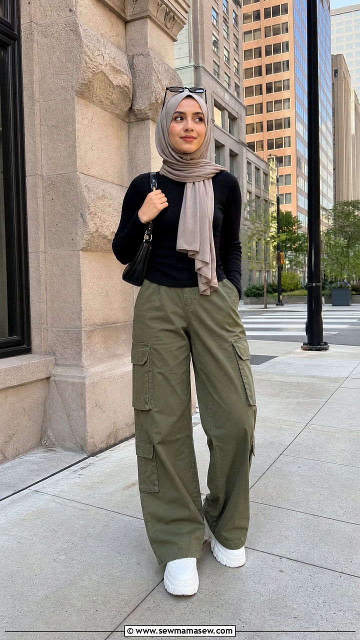 Cargo Pants with Fitted Knit Top and Chunky Sneakers - 25 casual outfits for hijab women
