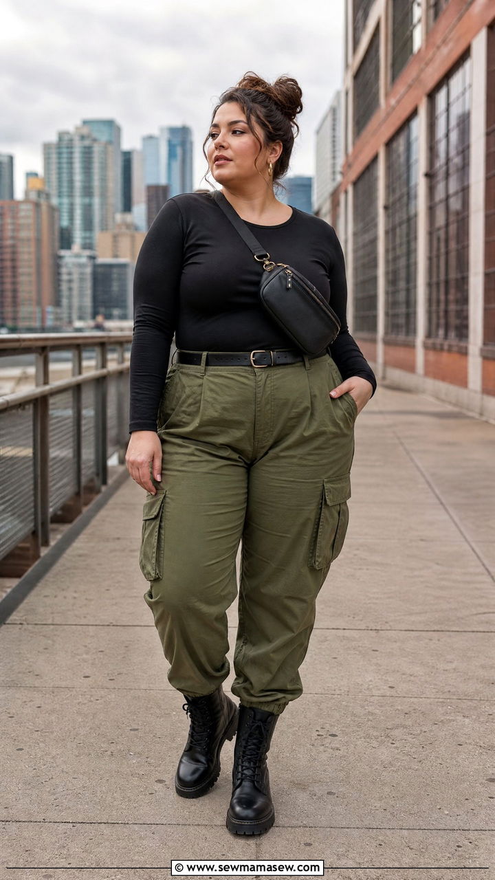 Cargo Pants with Fitted Long Sleeve Tee - 30 Plus size outfit ideas for travel