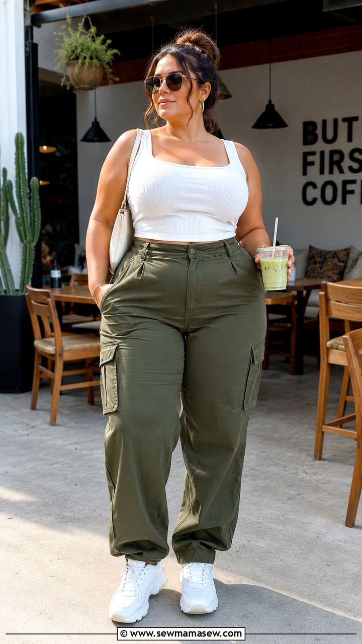 Cargo Pants with Fitted Ribbed Top and Sneakers - 30 Plus size brunch outfits