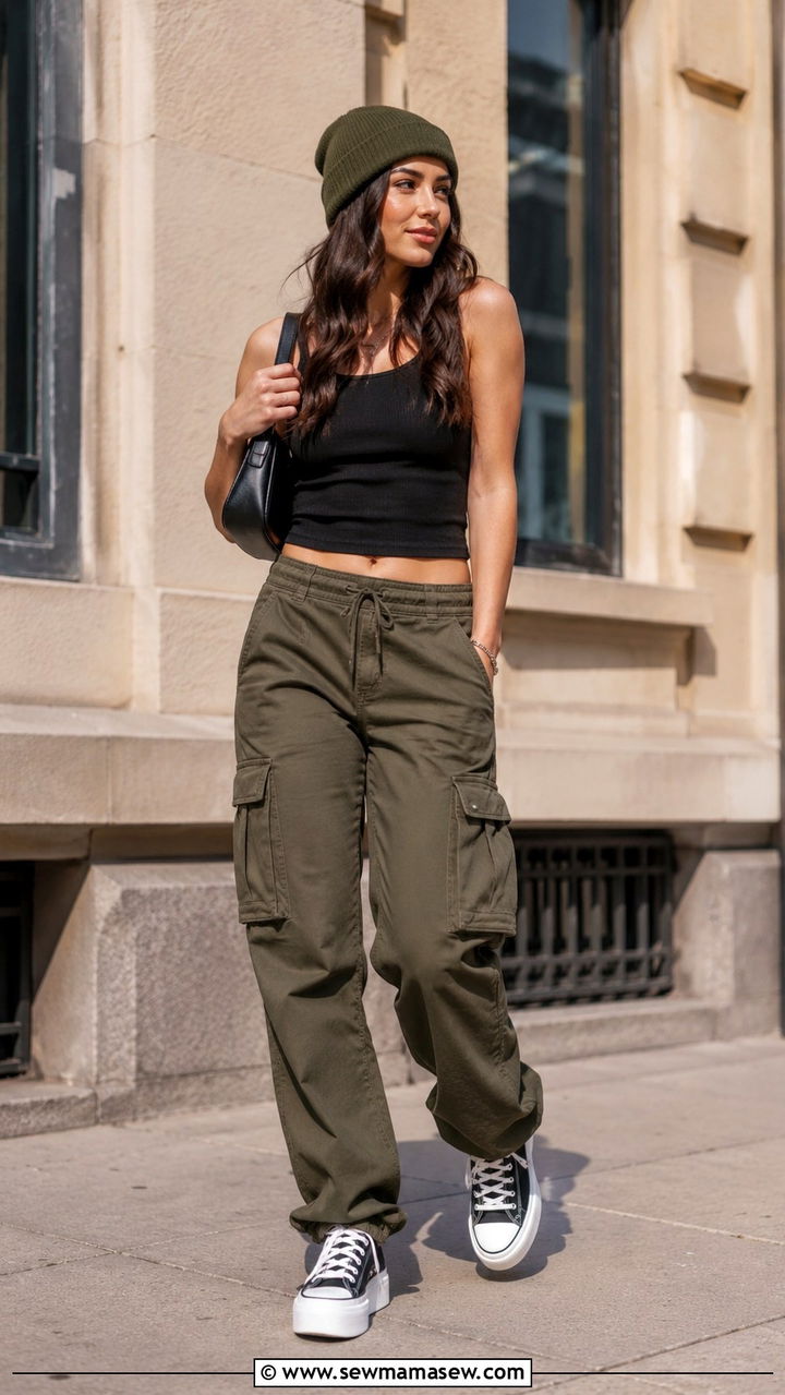 Cargo Pants with Fitted Tank and Platform Sneakers - 30 sporty chic outfits to copy