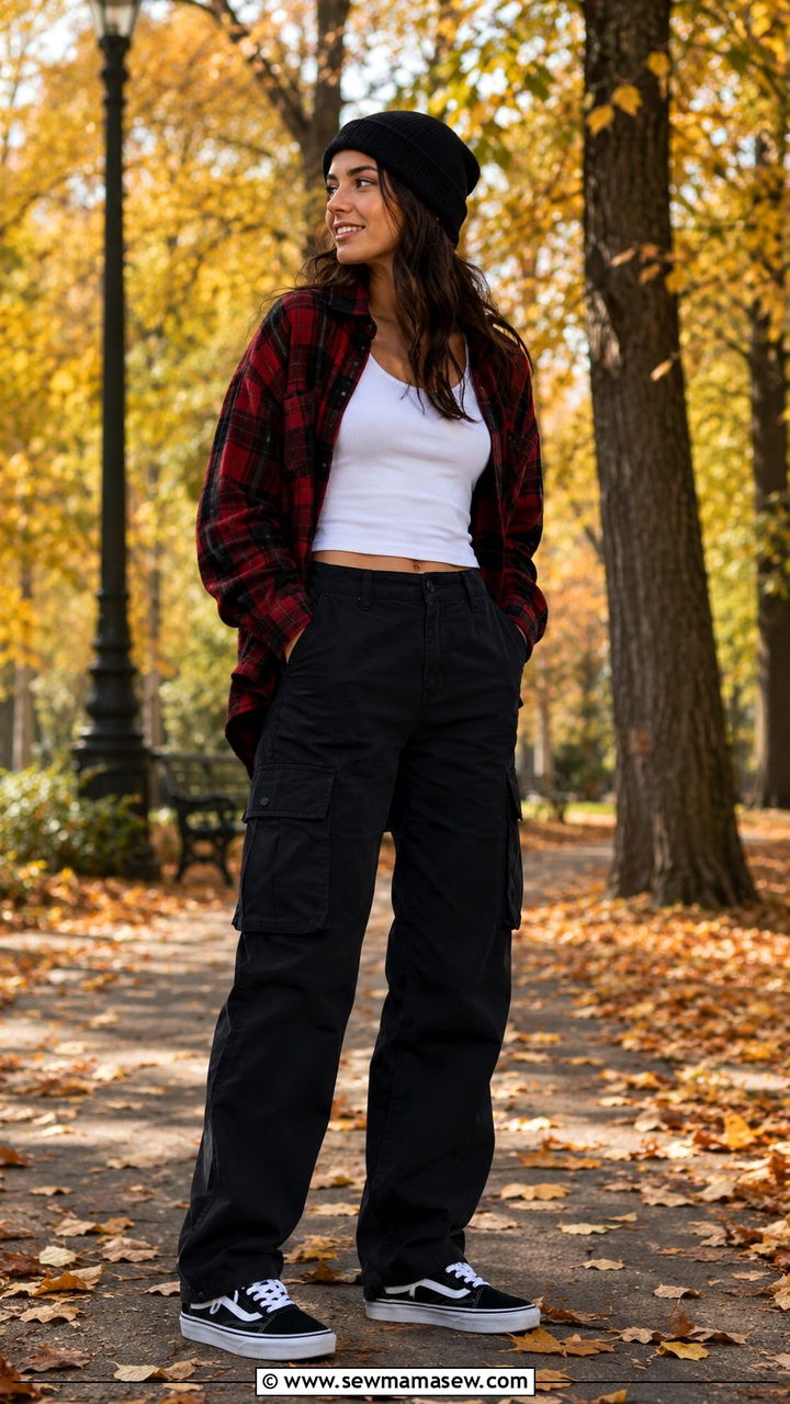 Cargo Pants with Flannel Shirt and Skate Sneakers - 30 Cargo pants outfit ideas with sneakers