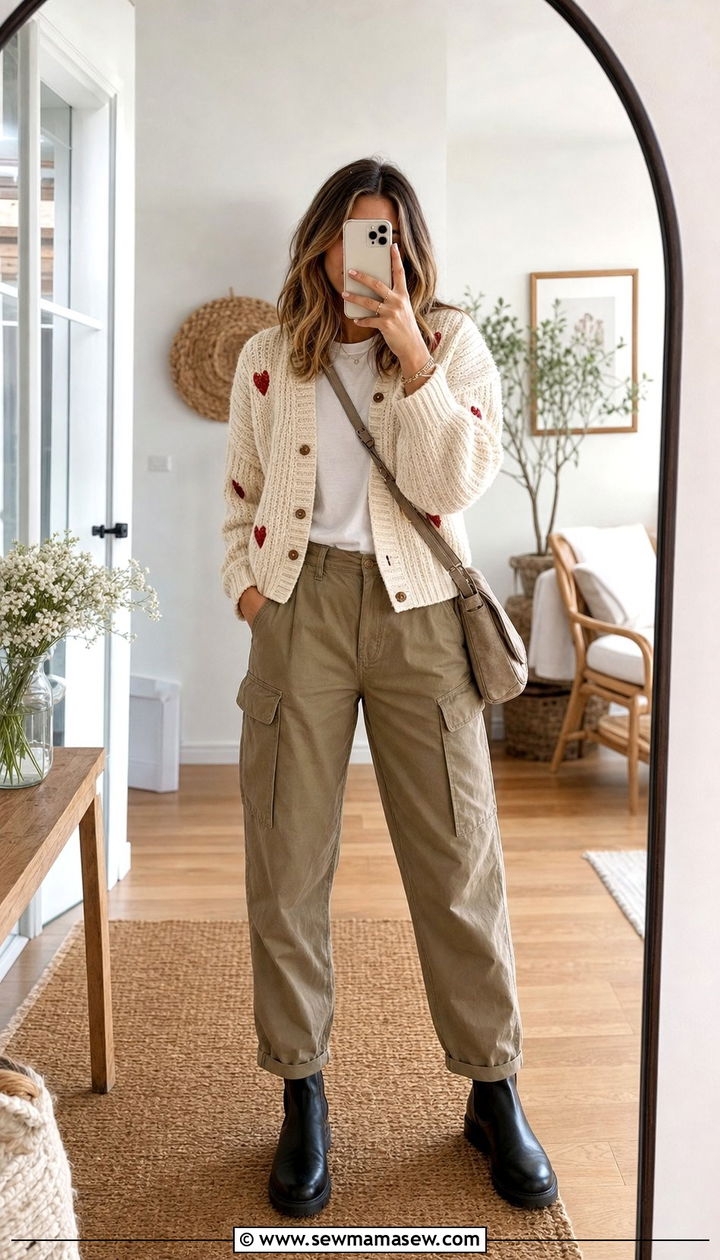 Cargo Pants with Heart Cardigan and Chelsea Boots - 25 cute trendy outfits