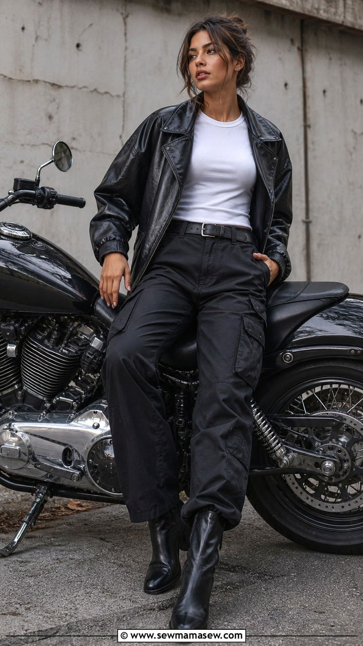 Cargo Pants with Leather Jacket and Boots - 40 cargo pants outfits for women