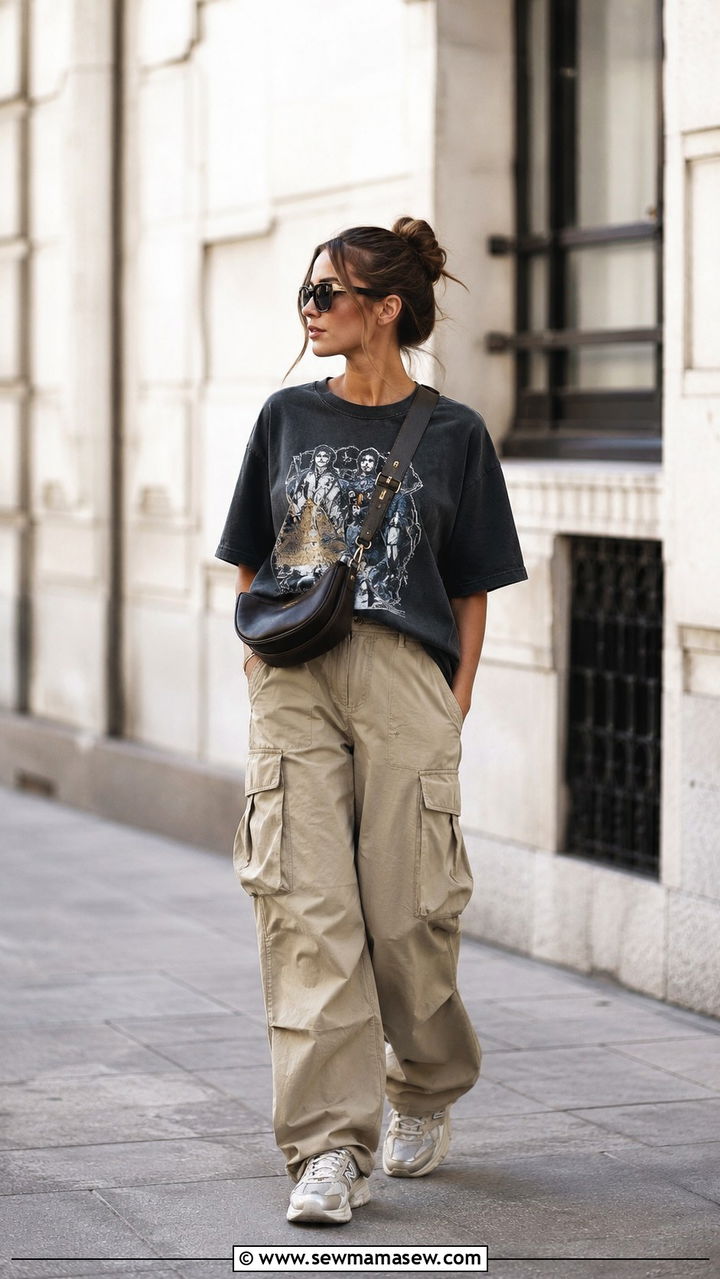 Cargo Pants with Oversized Graphic Tee and Chunky Sneakers - 30 Cargo pants outfit ideas with sneakers