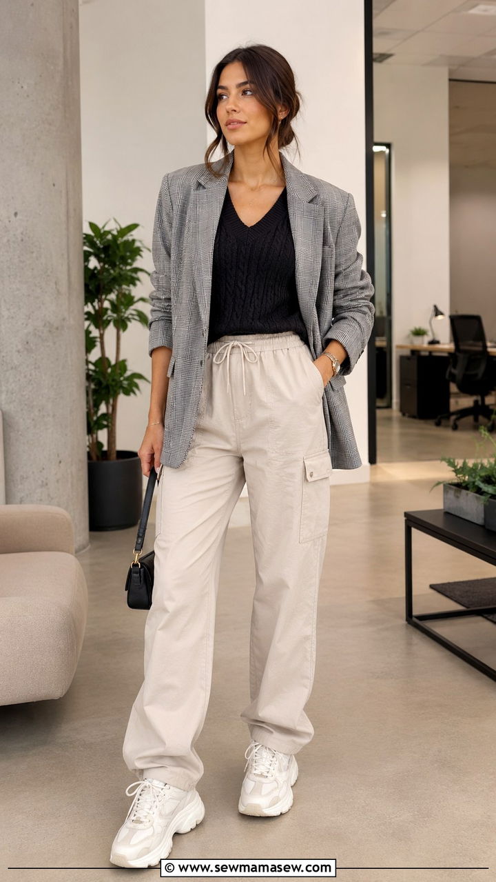 Cargo Pants with Plaid Blazer Vest and Chunky Sneakers - 30 Cargo pants outfit ideas with sneakers