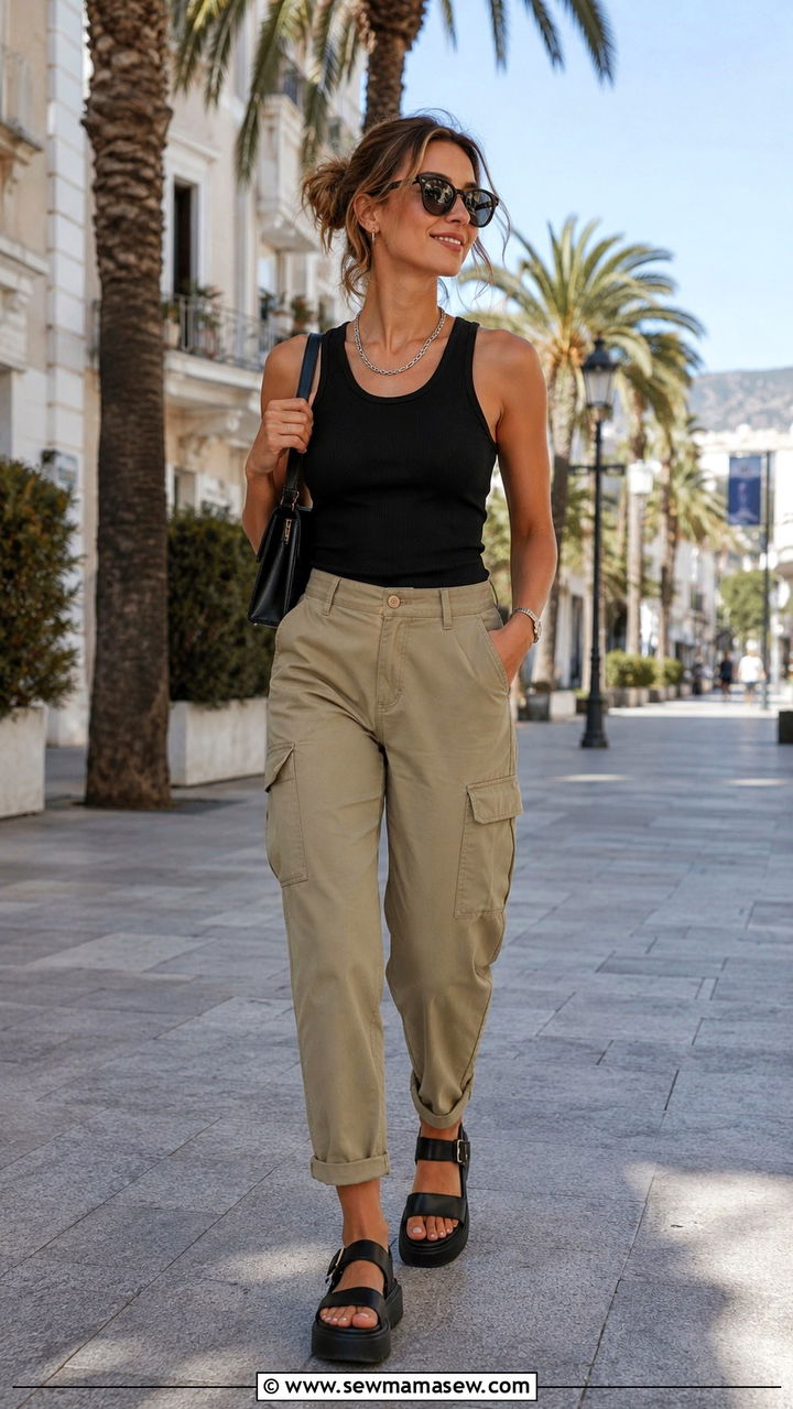 Cargo Pants with Racer Tank and Platform Sandals - 30 Resort wear outfit ideas 2026