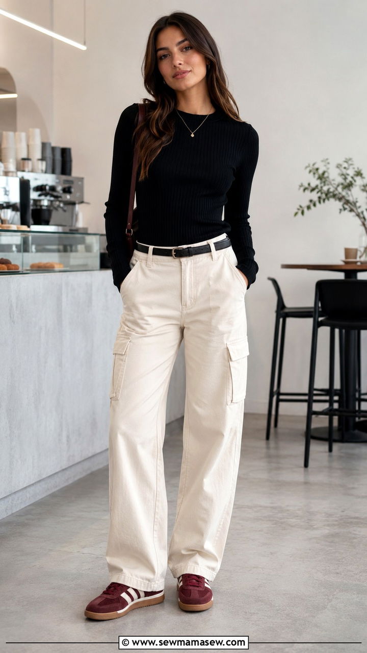 Cargo Pants with Ribbed Knit Top and Colorful Sneakers - 30 Cargo pants outfit ideas with sneakers