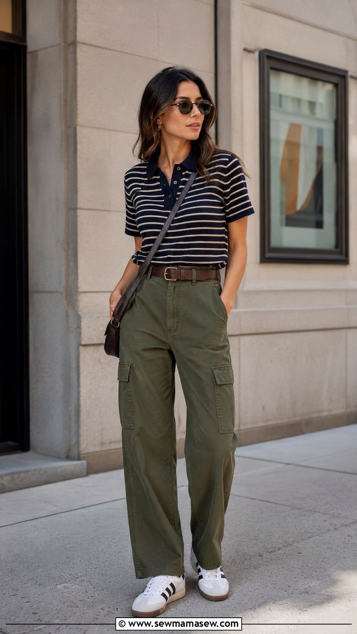 Cargo Pants with Striped Knit Polo and Classic Sneakers - 30 Cargo pants outfit ideas with sneakers