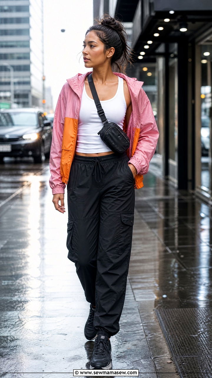 Cargo Pants with Tank Top and Colorful Windbreaker - 30 summer rainy day outfit ideas