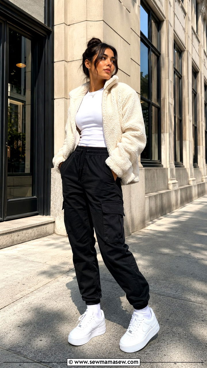Cargo Pants with Teddy Jacket and Platform Sneakers - 30 Cargo pants outfit ideas with sneakers