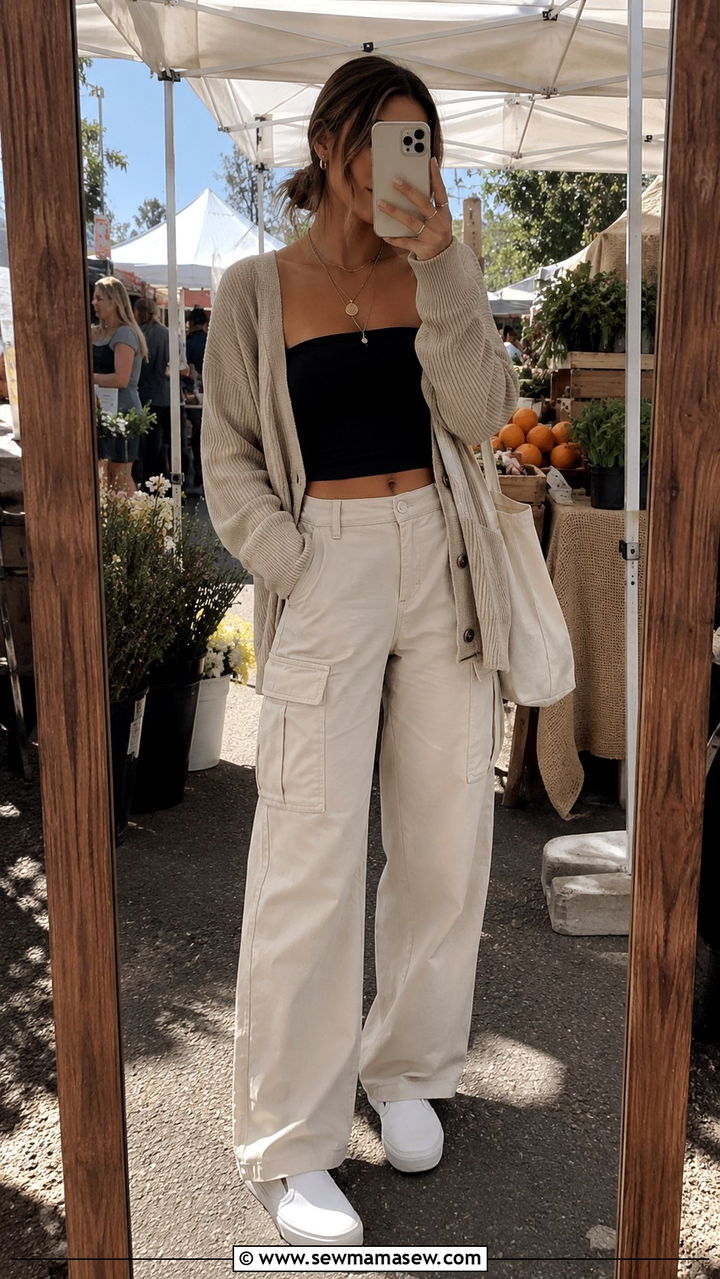 Cargo Pants with Tube Top Cardigan and Slip On Sneakers - 30 Cargo pants outfit ideas with sneakers