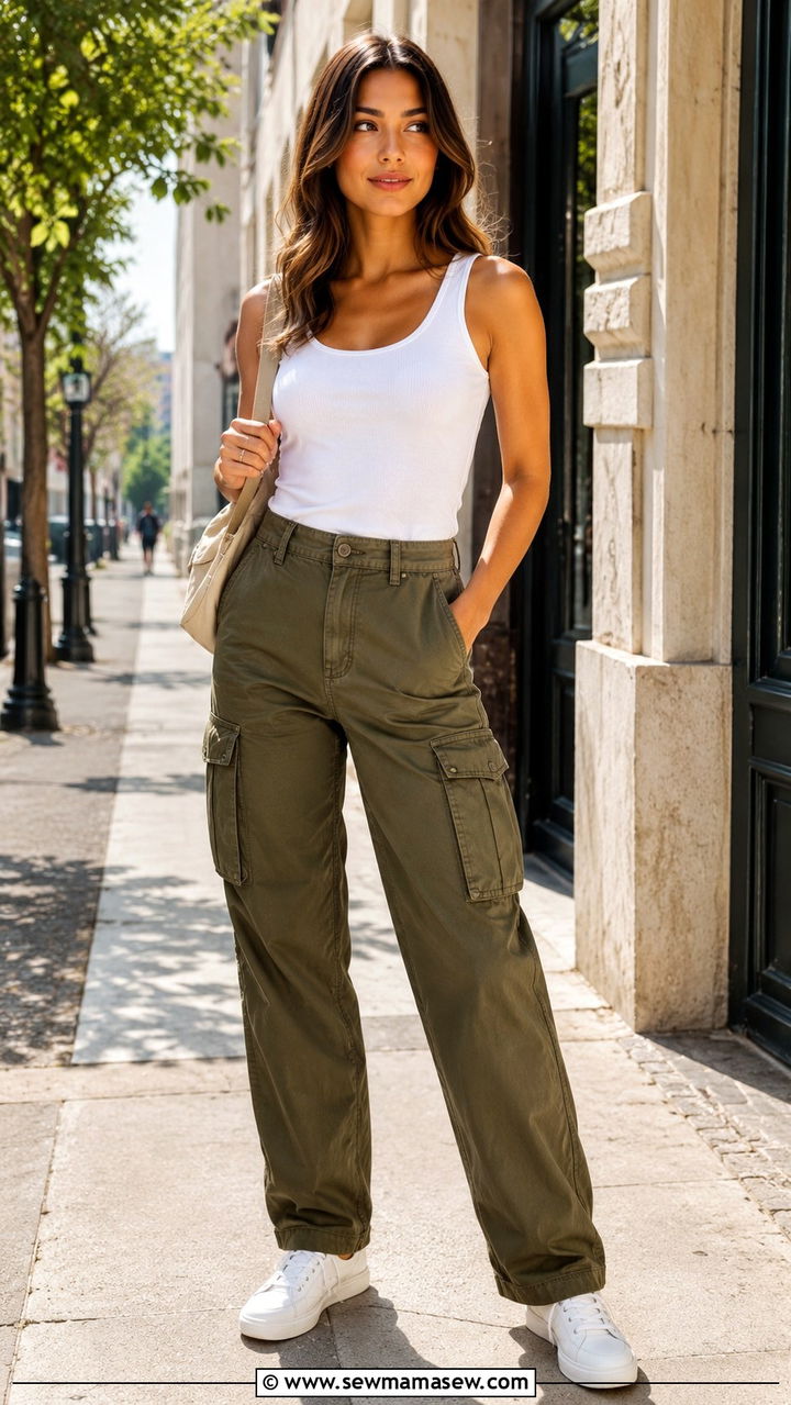 Cargo Pants with White Tank Top and Sneakers - 30 Cargo pants outfit ideas with sneakers