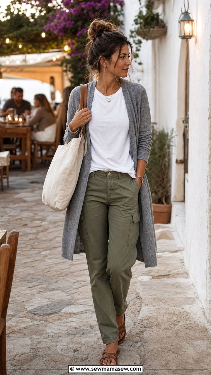 Cargo Pants with a White Tee and Cardigan - 35 casual dinner outfits