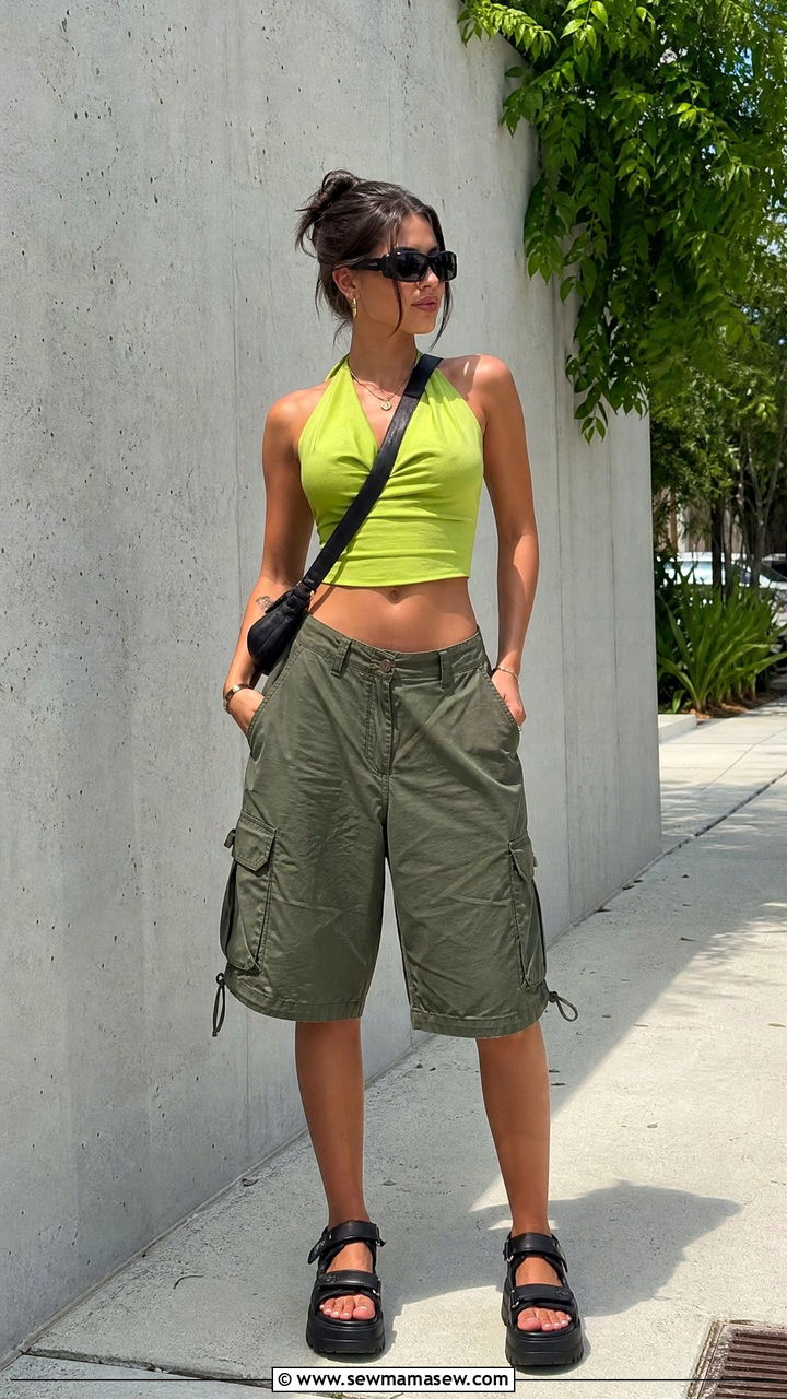 Cargo Shorts With Brat Green Halter Top and Chunky Sandals - 25 Brat summer outfit ideas