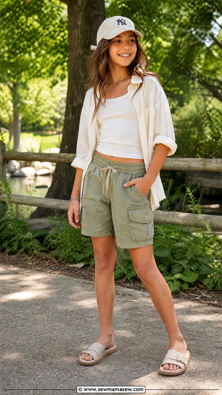 Cargo Shorts with Tank Top and Layered Button Up Shirt Outfit - 25 Tween outfit ideas for 11 year olds