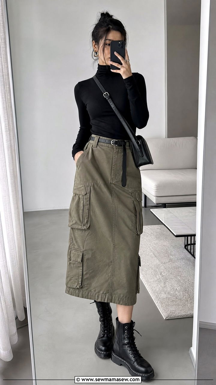 Cargo Skirt with Fitted Turtleneck and Combat Boots - 30 streetwear outfits to copy