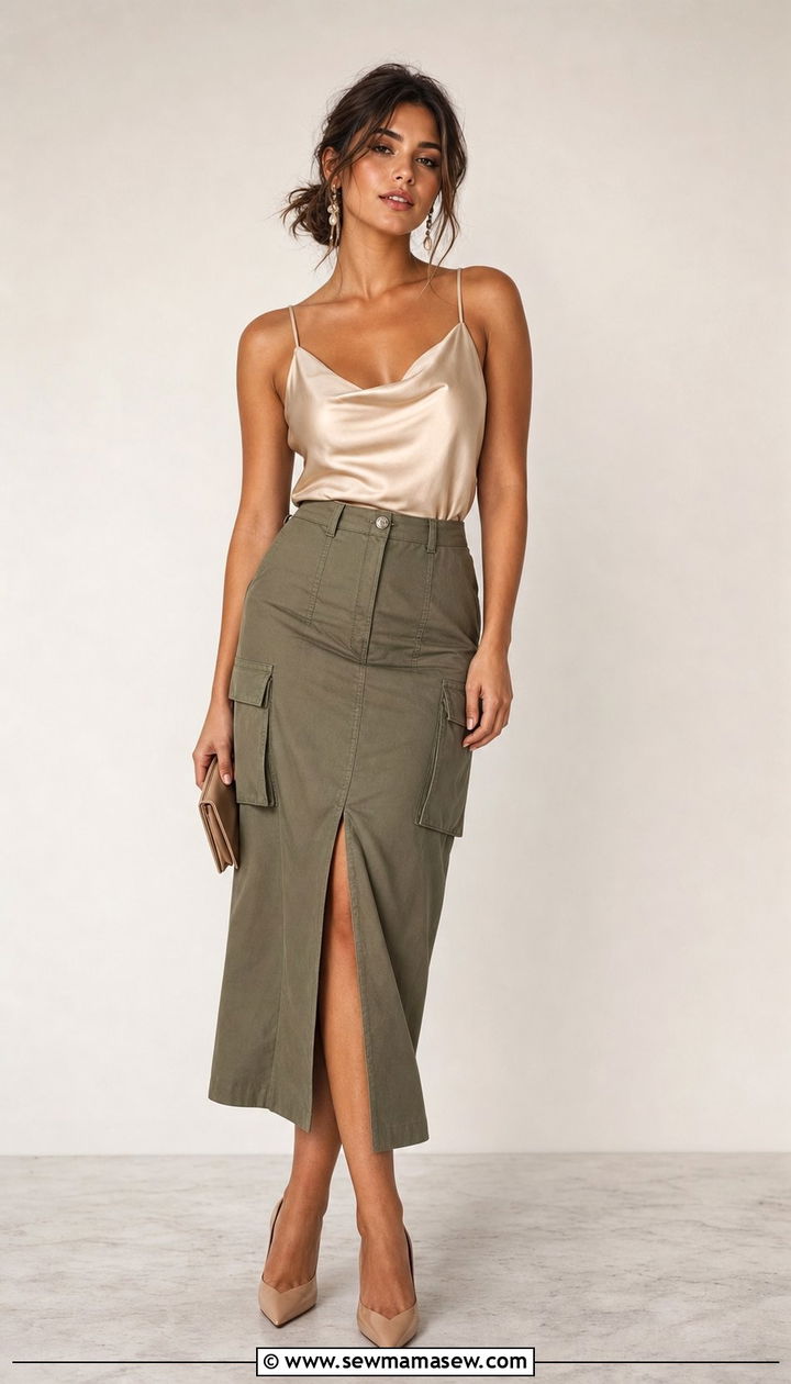 Cargo Skirt with Silk Camisole and Pointed Toe Heels - 25 spring cargo skirt outfit ideas