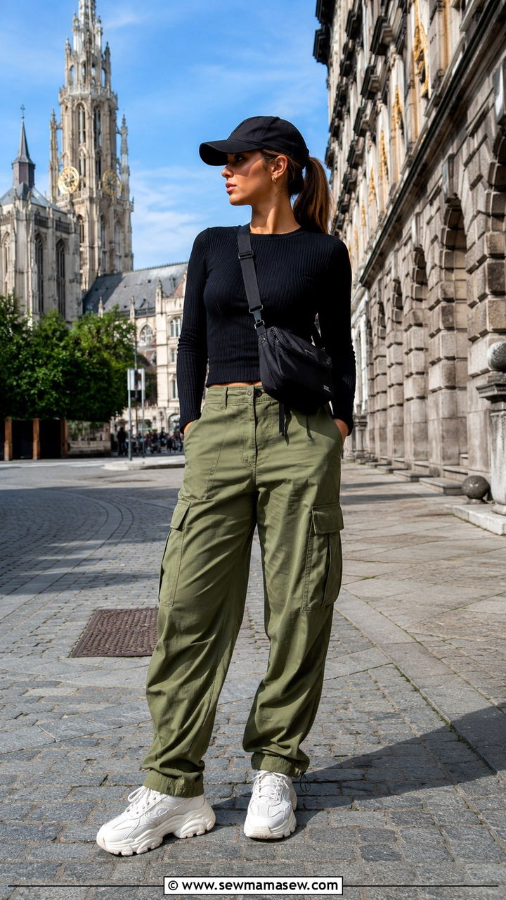 Cargo Trousers With Fitted Ribbed Knit Top And Sporty Sneakers - 20 Antwerp outfit ideas