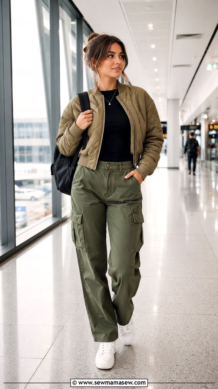 Cargo Trousers With Fitted Tee And Quilted Jacket Airport Outfit - 25 Airport outfit ideas for Europe