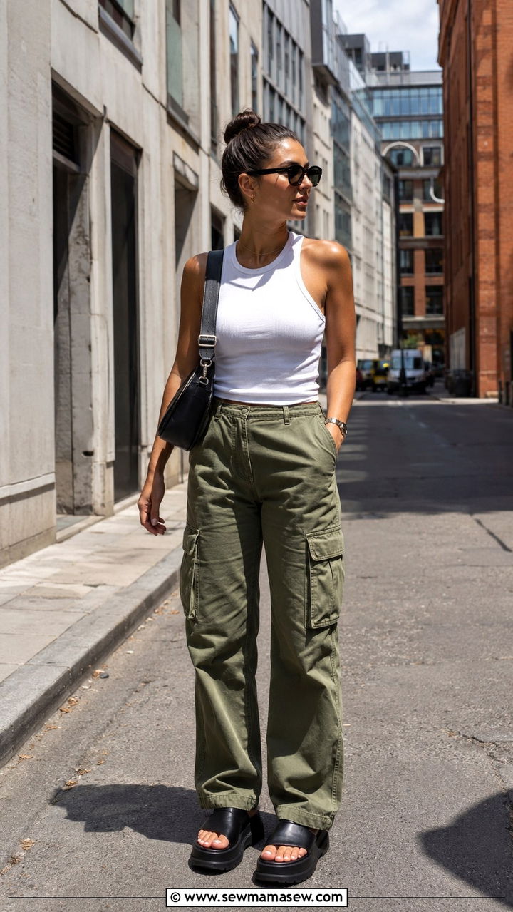 Cargo Trousers with Fitted Tank Top and Chunky Sandals - 20 fashion inspo outfits inspo