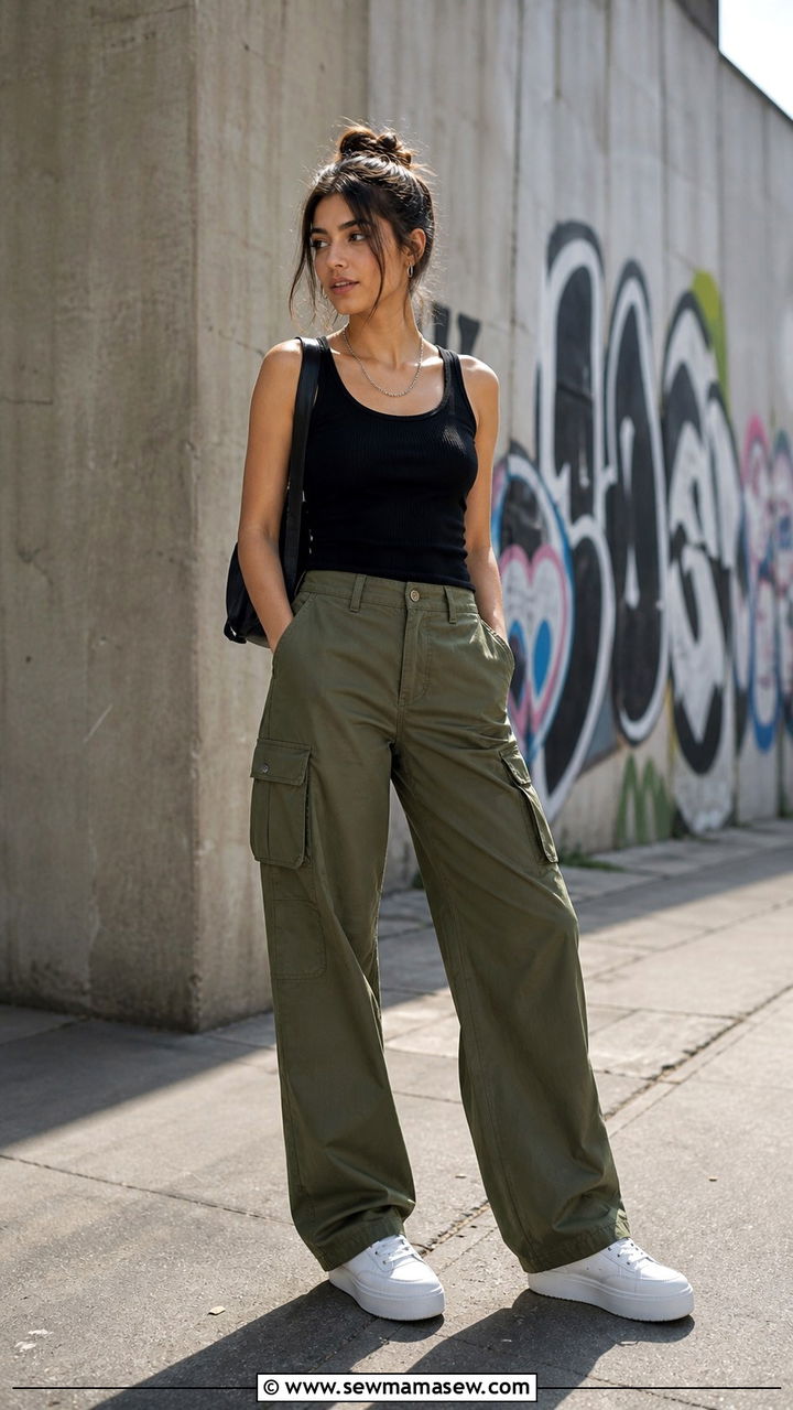Cargo Trousers with Ribbed Tank and Platform Sneakers - 40 Europe travel outfits