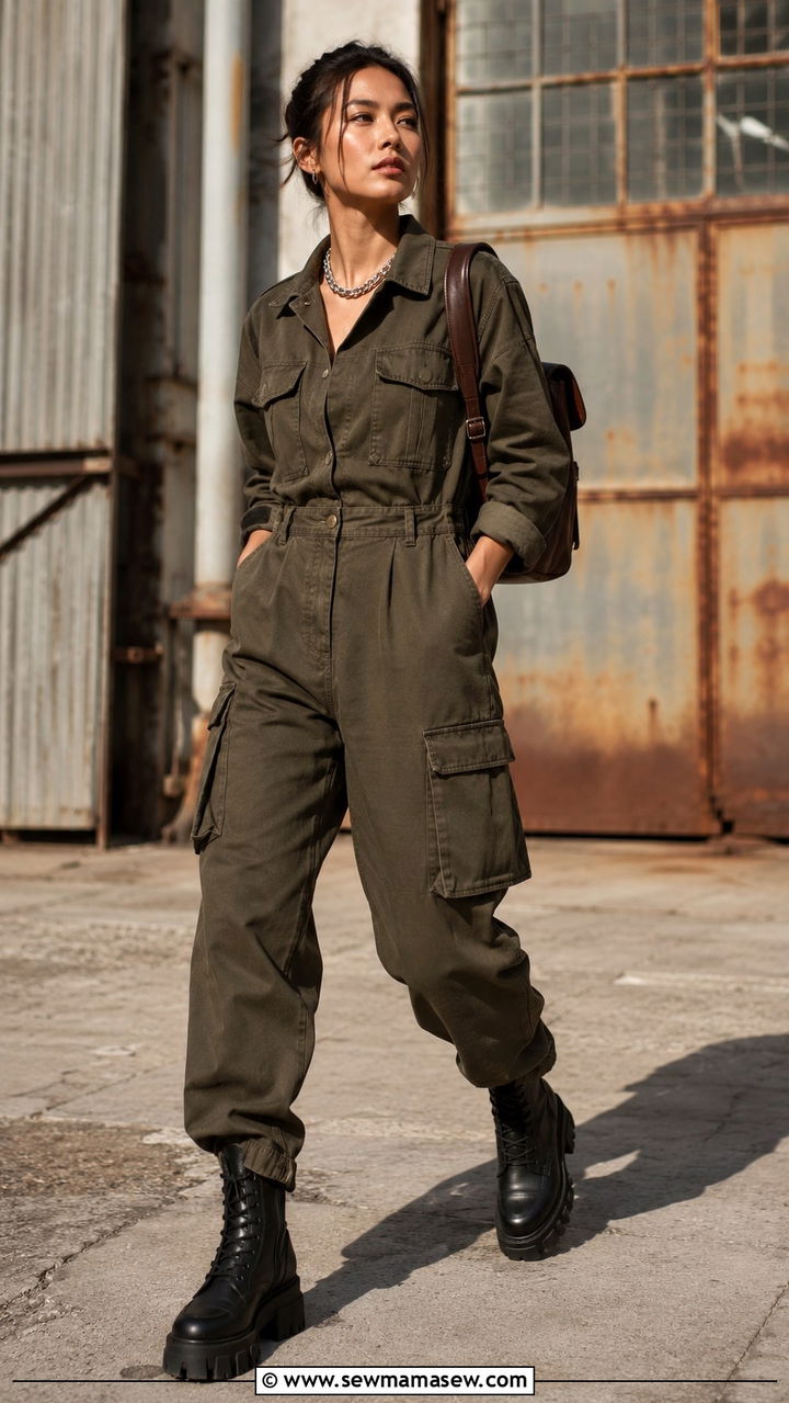 Cargo Utility Jumpsuit With Lug Sole Boots - 30 Utility jumpsuit outfit ideas