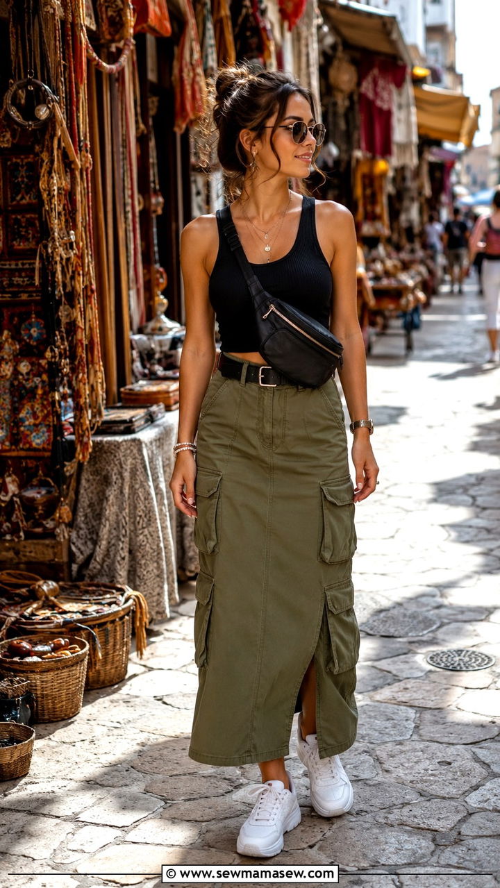 Cargo Utility Skirt With Sporty White Sneakers And Ribbed Tank - 25 White sneakers outfit ideas with a skirt